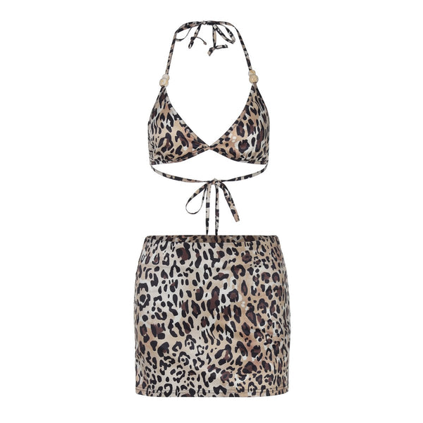 Conjunto de minifalda con cuello en V y estampado de leopardo con lazo tipo halter 