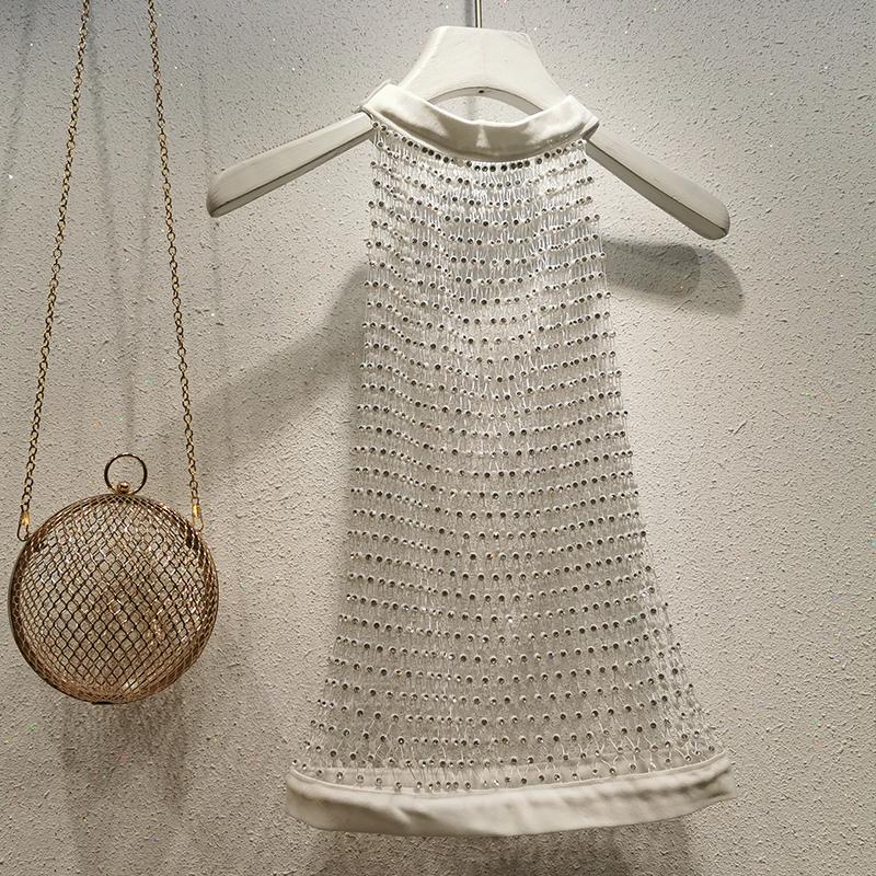 Crewneck hollow out see through beaded button top