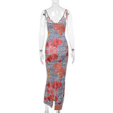 Robe longue fendue dos nu à imprimé léopard et col en V 