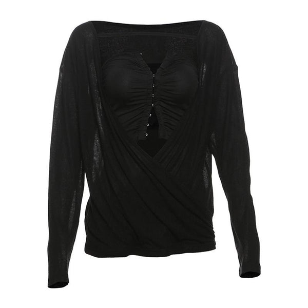 Long sleeve ruched button hollow out 2 piece top