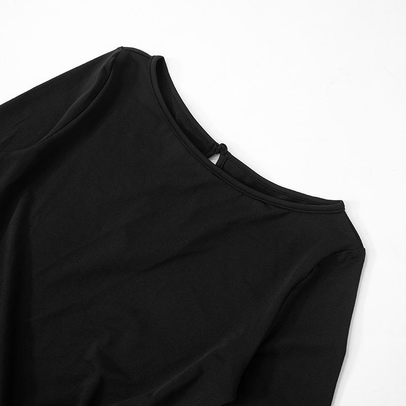 Ruched long sleeve round neck hollow out ruffle top