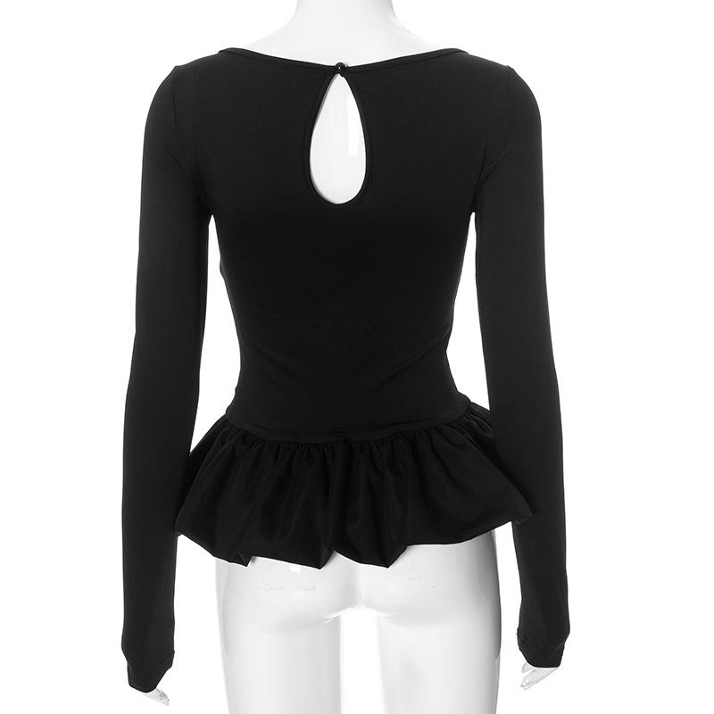 Ruched long sleeve round neck hollow out ruffle top
