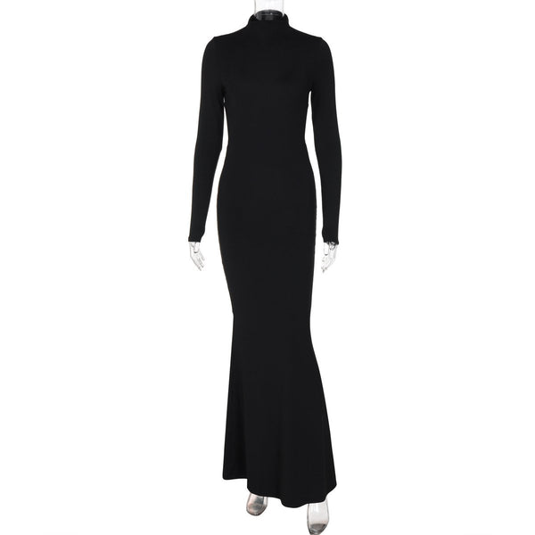 Robe longue unie à manches longues, col haut et dos nu 