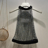 Crewneck hollow out see through beaded button top