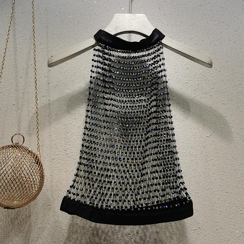 Crewneck hollow out see through beaded button top