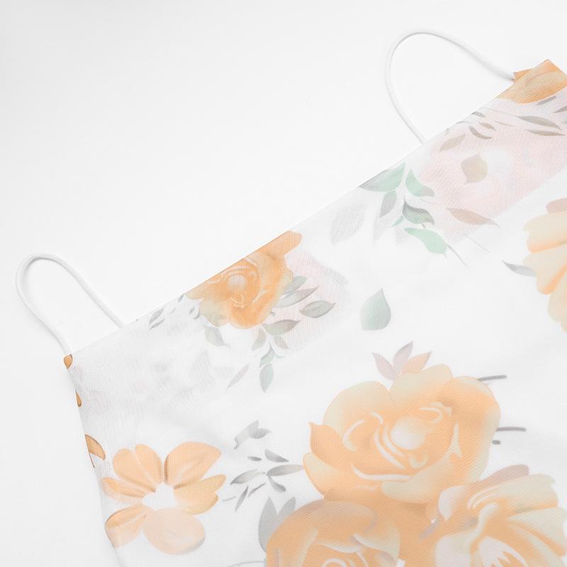 Mesh cowl neck flower print spaghetti strap midi dress