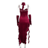 Irregular flower applique velvet v neck ruffle midi dress