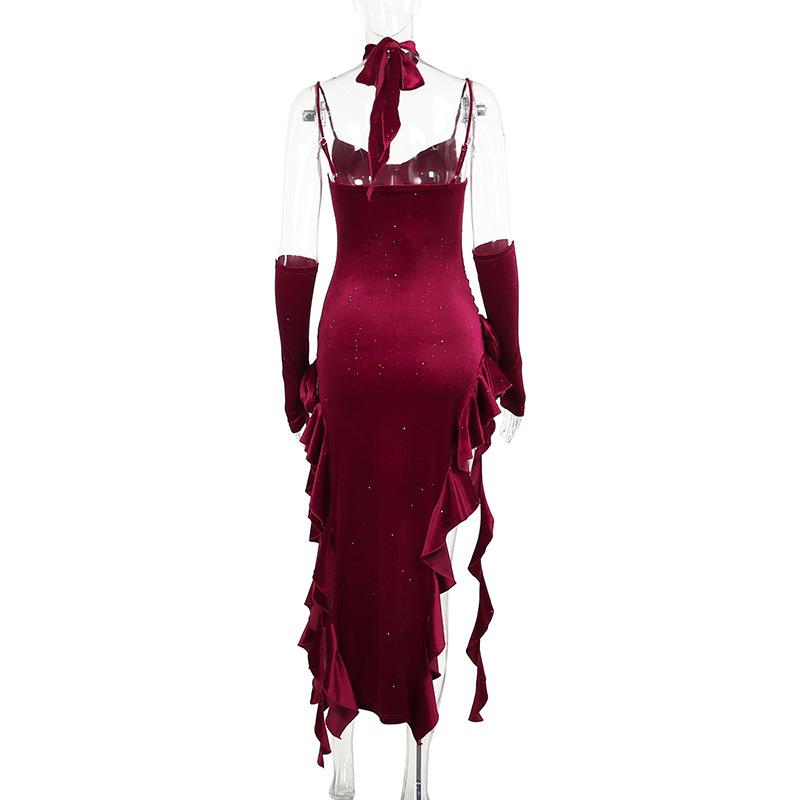 Irregular flower applique velvet v neck ruffle midi dress