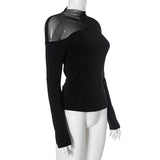 Long sleeve high neck mesh patchwork solid top