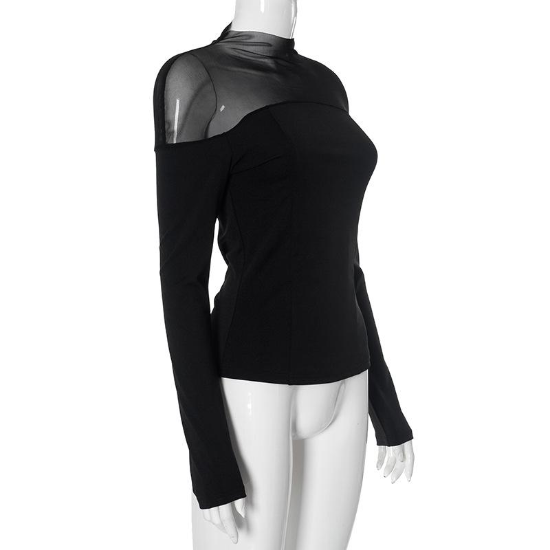 Long sleeve high neck mesh patchwork solid top