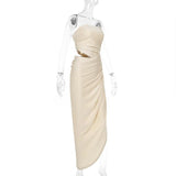 Ruched irregular hollow out solid tube maxi dress