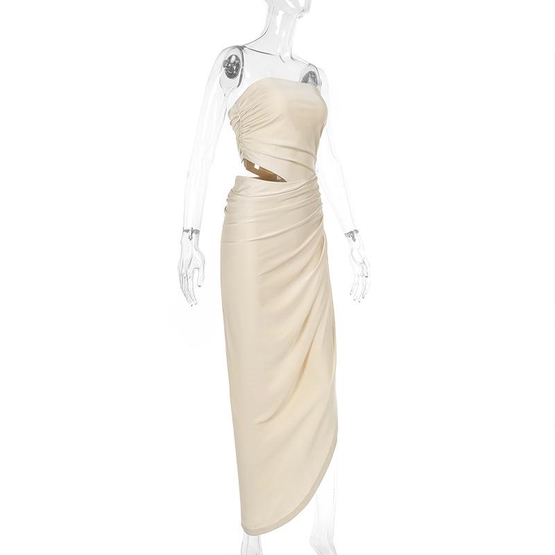 Ruched irregular hollow out solid tube maxi dress