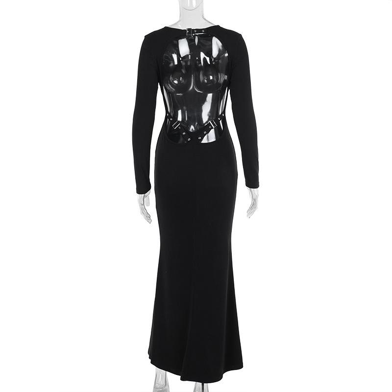 Vestido largo de cuello redondo con hebilla calada y manga larga 