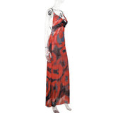 Vestido largo con tirantes finos, estampado de malla transparente y cuello vuelto 