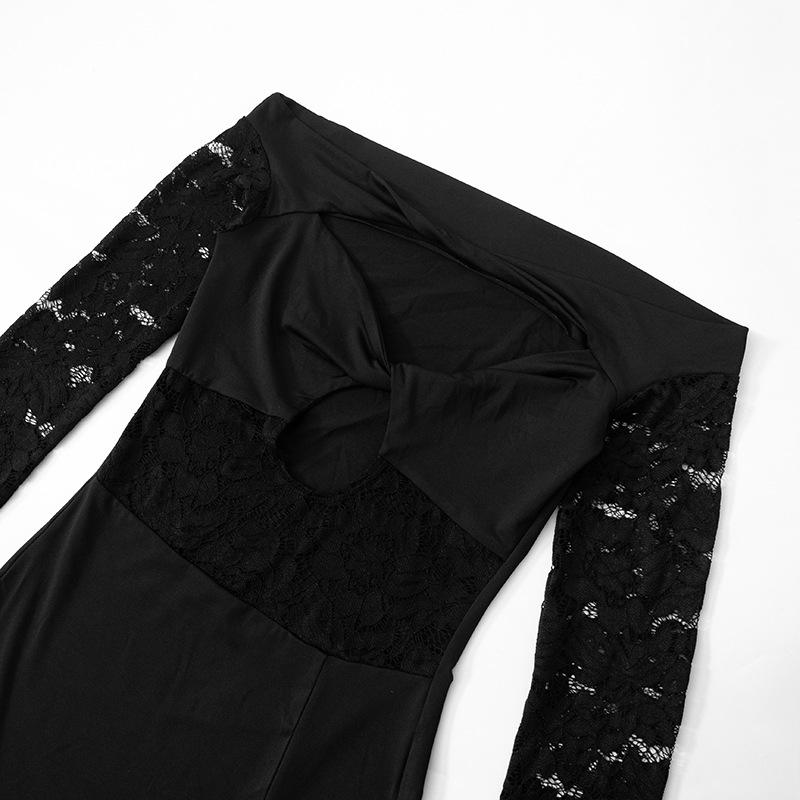 Long sleeve hollow out slit off shoulder lace maxi dress