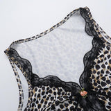 Leopard print lace hem hollow out v neck top