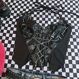 Halter self tie PU leather metal chain v neck top
