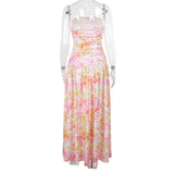 Ruched flower print backless tube maxi dress