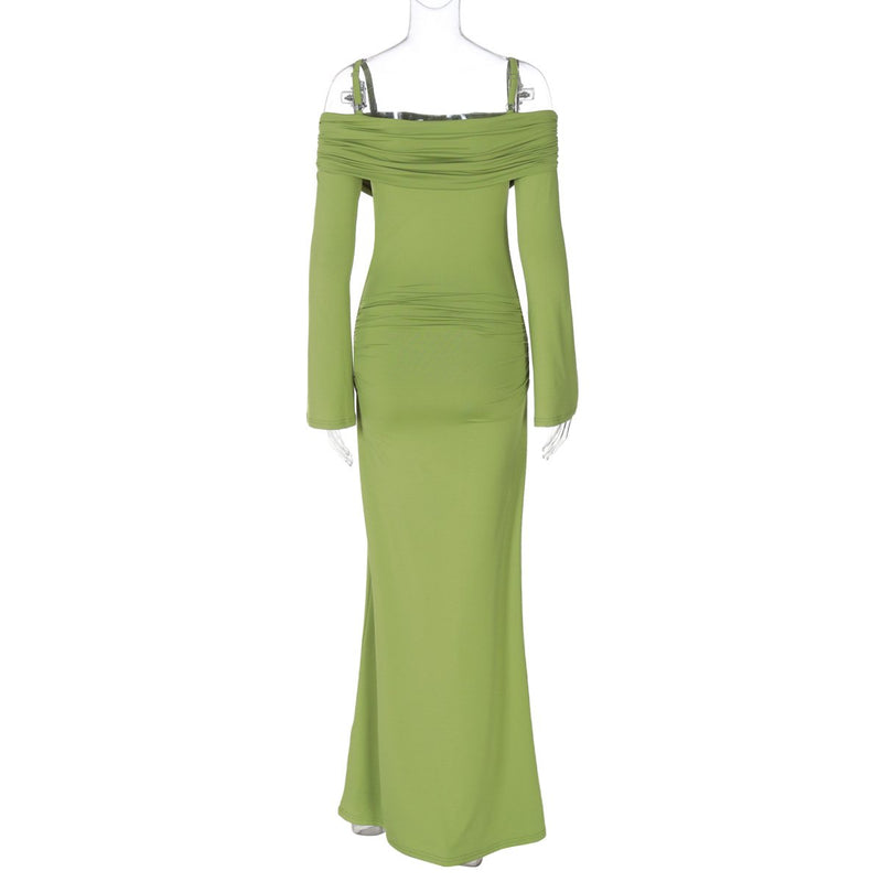 Ruched long sleeve off shoulder cami maxi dress