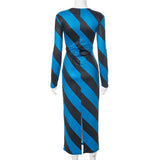 Long sleeve crewneck slit twill print midi dress
