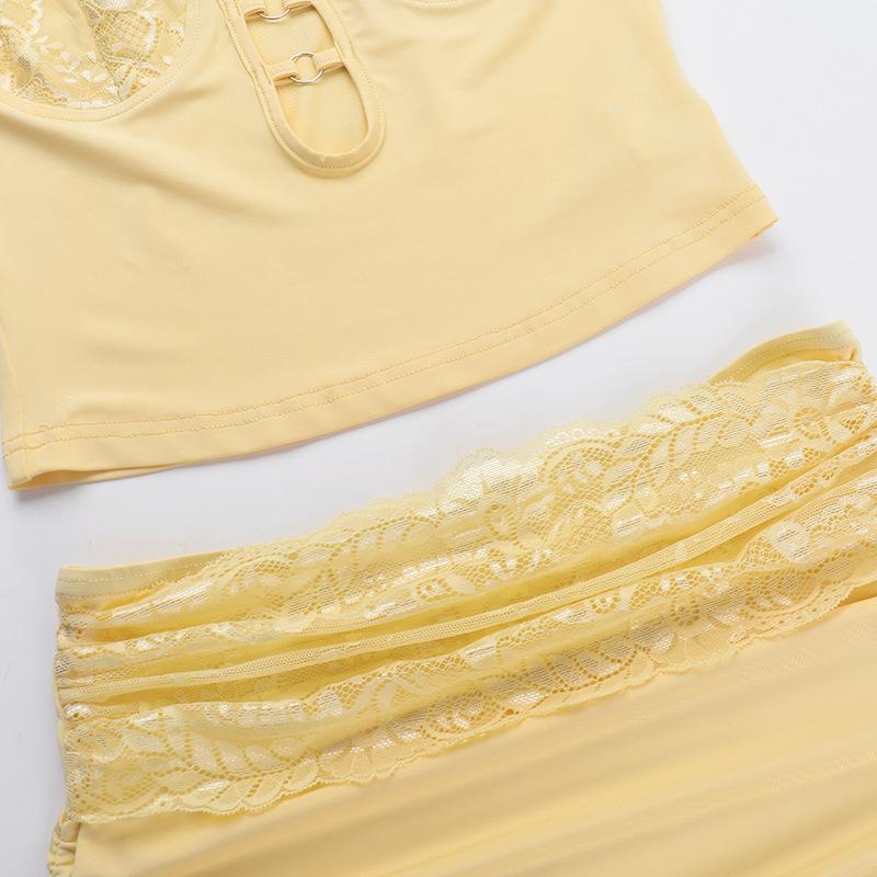 Hollow out v neck lace hem ruched cami mini skirt set