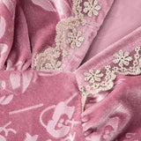 Vestido largo de terciopelo con estampado floral, escote en V y dobladillo de encaje 