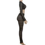 Long sleeve hollow out crewneck medium rise pant set