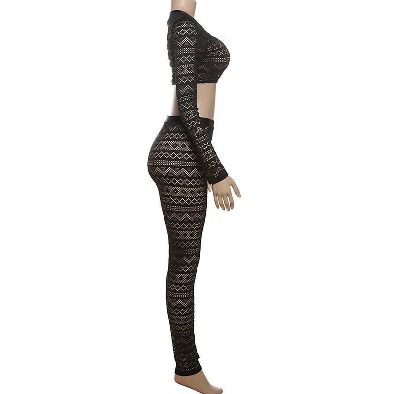 Long sleeve hollow out crewneck medium rise pant set