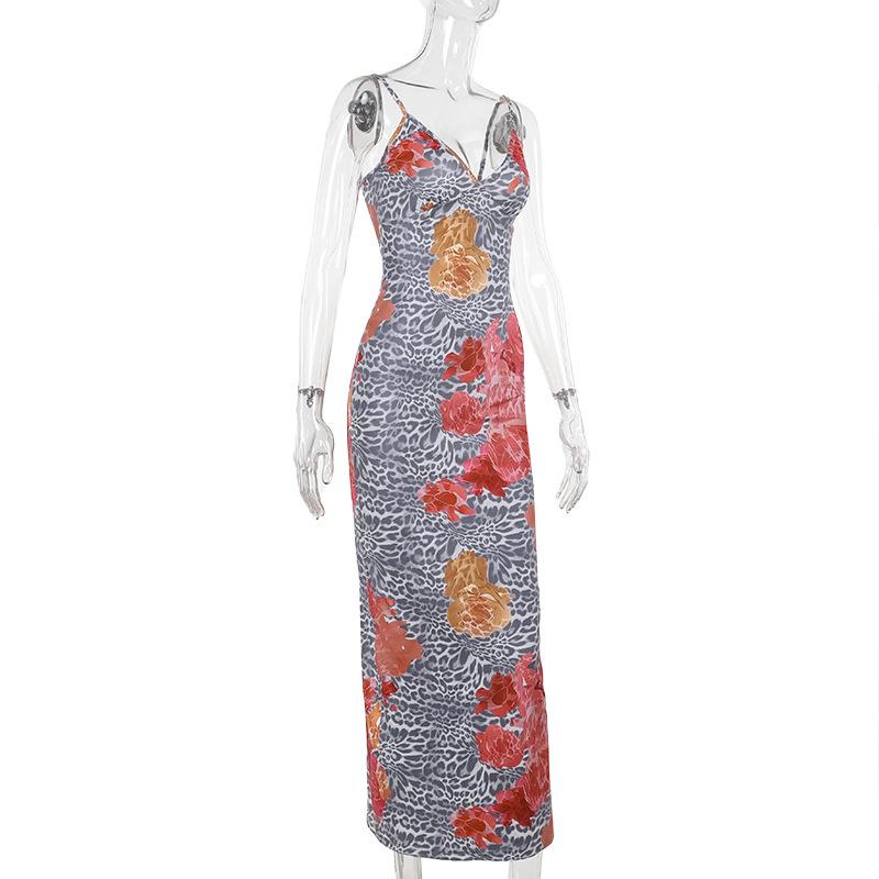 Robe longue fendue dos nu à imprimé léopard et col en V 
