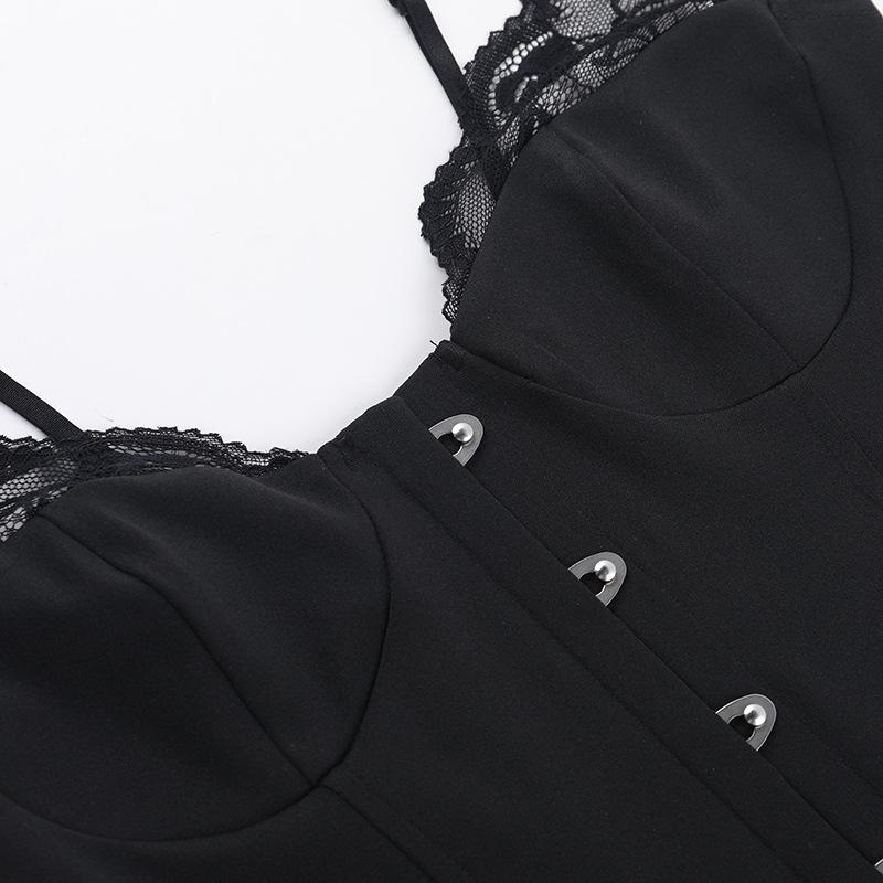 Haut caraco uni à boutons et col en V avec ourlet en dentelle 