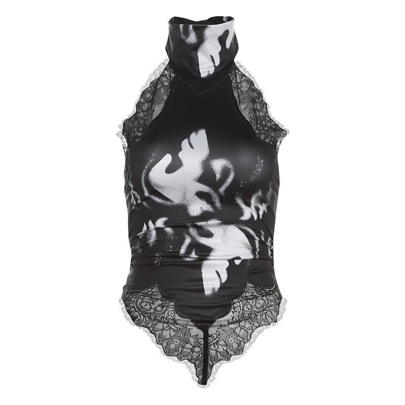 Top sin espalda con estampado de encaje y botones halter 