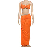 Ensemble jupe longue camisole irrégulière à col en V froncé et creux 