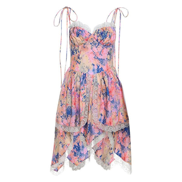 Mini-robe camisole à col en V et ourlet en dentelle avec fermeture éclair 