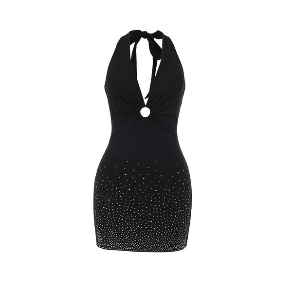 Vestido mini con cuello en V fruncido, cuentas y lazo estilo halter 