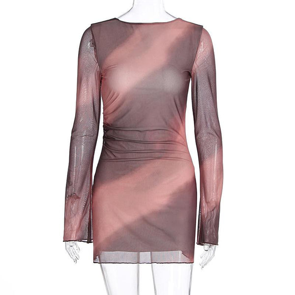 Long sleeve self tie crewneck sheer mesh print mini dress