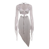 Conjunto de falda midi de malla con cuello en V y volantes de manga larga con lazo 