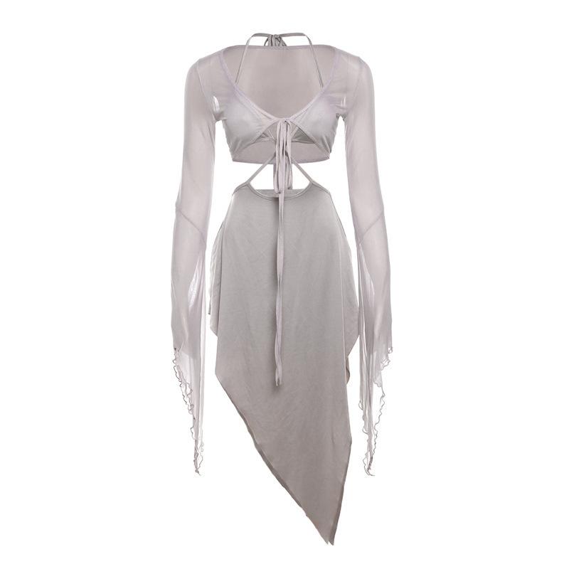 Conjunto de falda midi de malla con cuello en V y volantes de manga larga con lazo 
