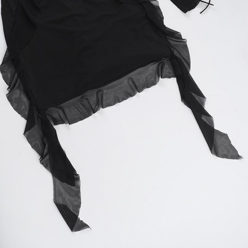 Long sleeve lace up ruffle self tie mesh mini dress
