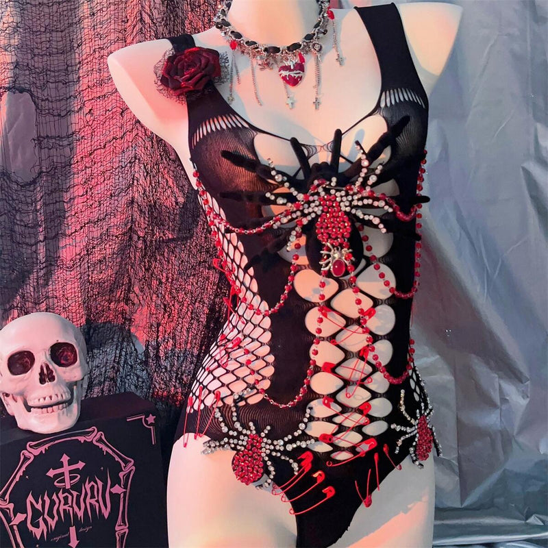 Hollow out beaded spider applique u neck bodysuit