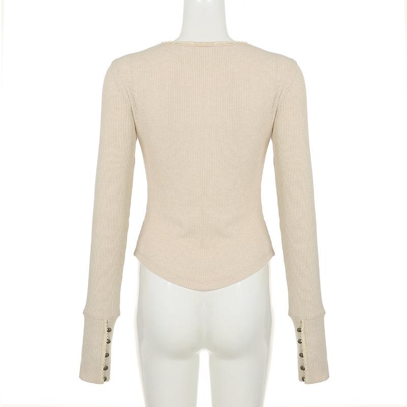 Round neck long sleeve lace ribbed solid top