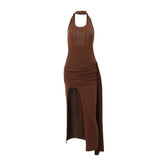Robe midi froncée en maille irrégulière à fente dos nu 