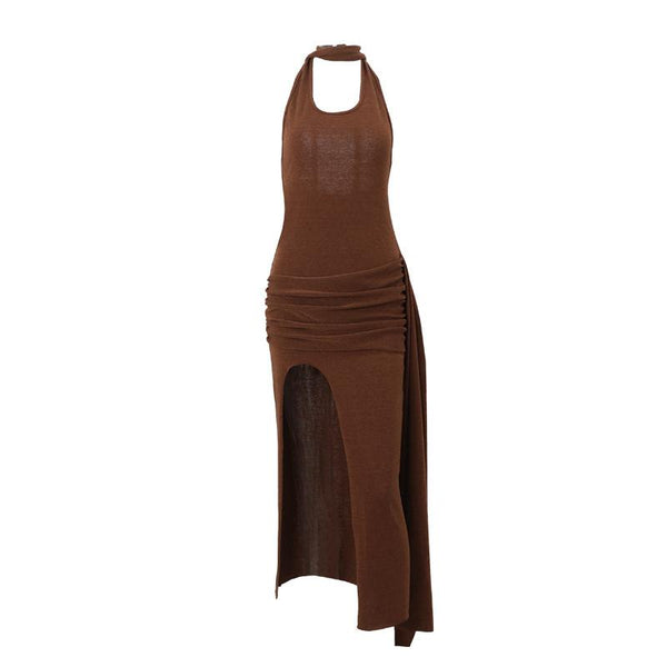 Robe midi froncée en maille irrégulière à fente dos nu 