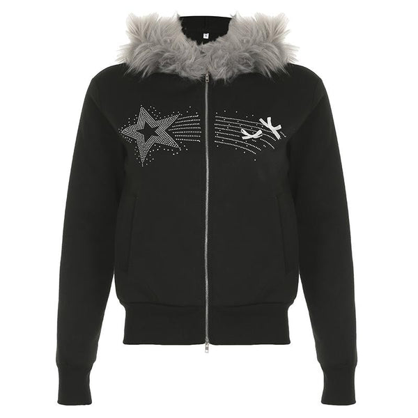 Sudadera con capucha y lazo de manga larga con cuentas y cremallera 
