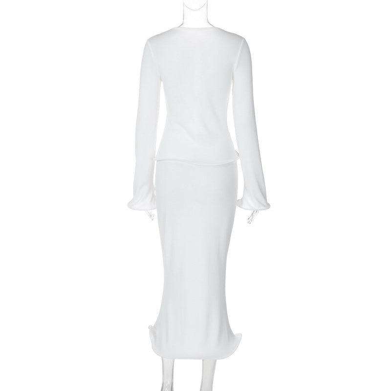 Long flared sleeve v neck button solid midi skirt set