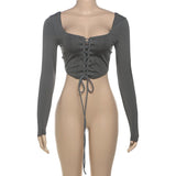 Long sleeve lace up square neck solid crop top