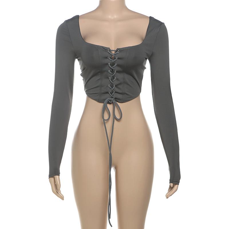 Long sleeve lace up square neck solid crop top