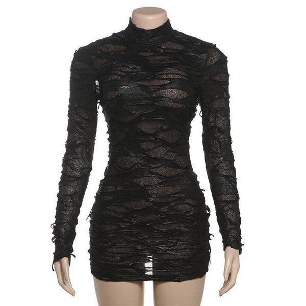 Robe mini transparente à manches longues et col haut 