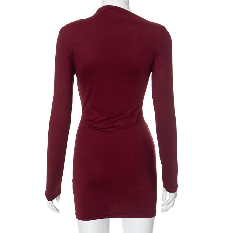 Long sleeve ruched irregular solid mini dress