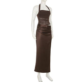 Halter square neck ruched zip-up solid maxi dress