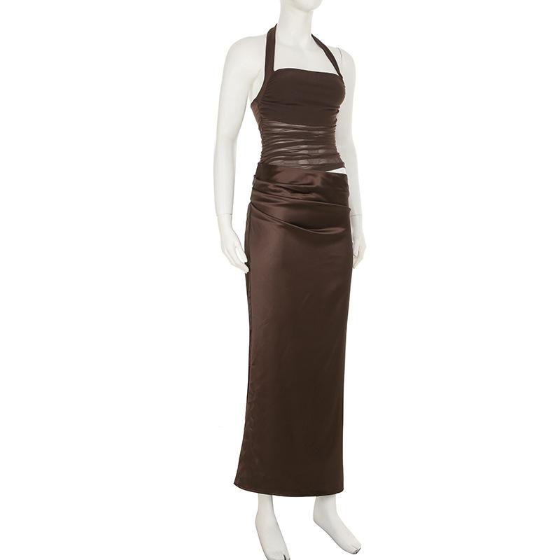 Halter square neck ruched zip-up solid maxi dress